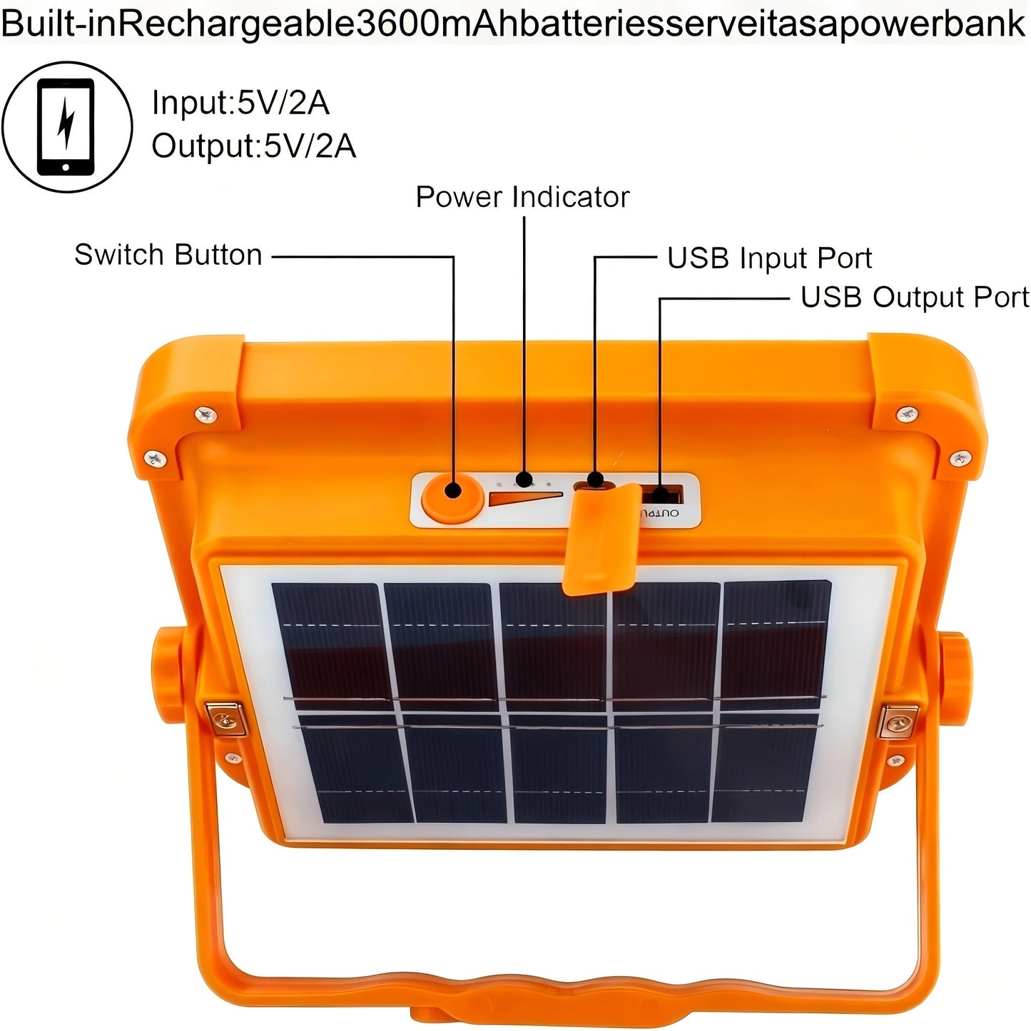 Magnetic Solar Work Light with Hook – 6500 Lumen LED Camping Light, Adjustable Brightness, Solar & USB-C Dual Charging, 6 Modes