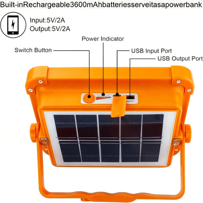 Magnetic Solar Work Light with Hook – 6500 Lumen LED Camping Light, Adjustable Brightness, Solar & USB-C Dual Charging, 6 Modes