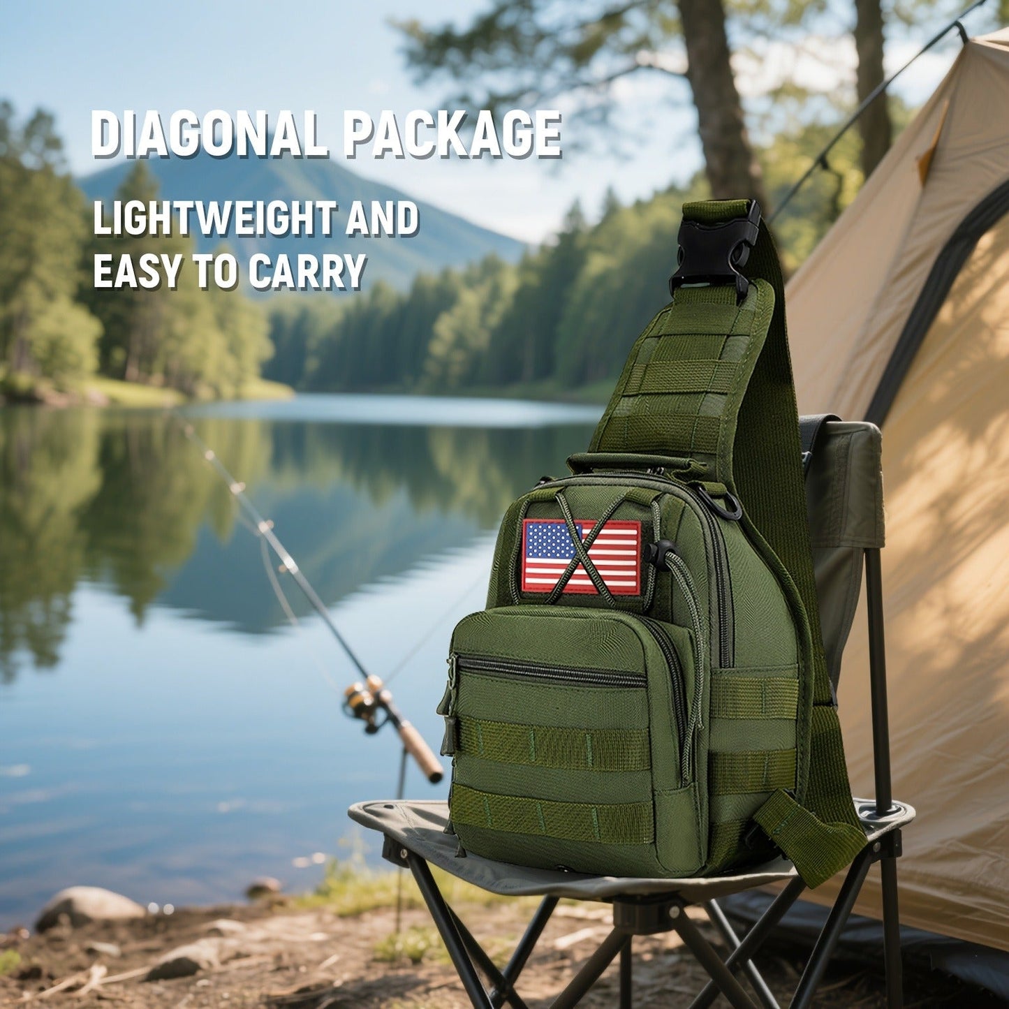 Compact Tactical Sling Backpack with Flag-Patch and Camo Options across Six Complete Checkout Styles