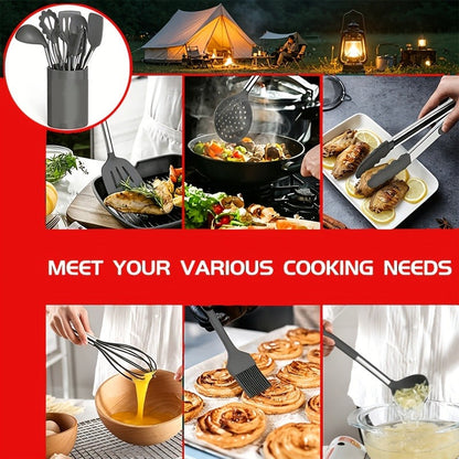 Silicone Kitchen Utensil Set with 25 Tools and Accessories, Holder and Grey, Black or Coffee Colors