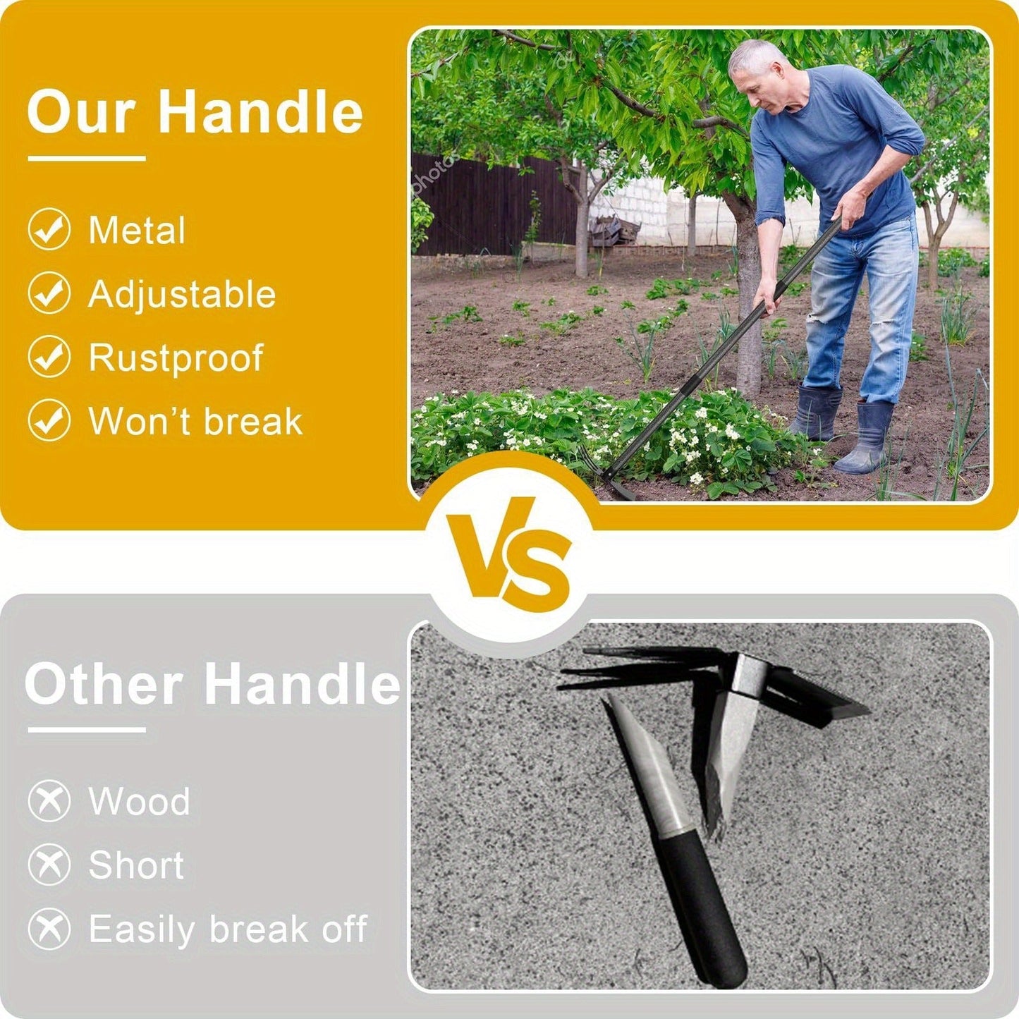 60-Inch Garden Hand Tool with Double-Ended Flat Hoe, Three-Prong Cultivator and Sectional Handle