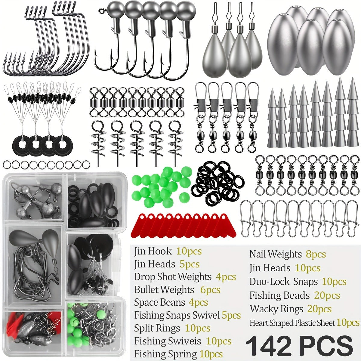 Fishing Tackle Kit 142/206/318 Pcs – Hooks, Jigs, Weights, Swivels, Beads & Connectors for Freshwater & Saltwater Bass Trout Fishing