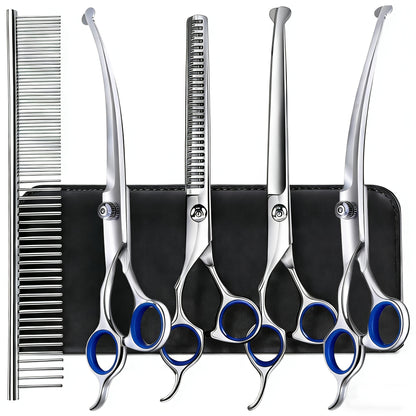 Dog Grooming Scissors Set 7-in-1 Professional Ceramic Coated Stainless Steel Safety Round Tip Straight Thinning Curved Scissors Comb Kit
