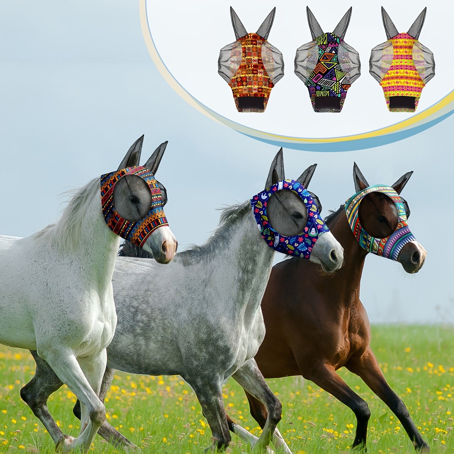 Horse Fly Mask with Ears 6-Pack – Soft Elastic Breathable Face Covering for Horses | Smooth Comfortable Fit, Geometric Pattern, Medium Size