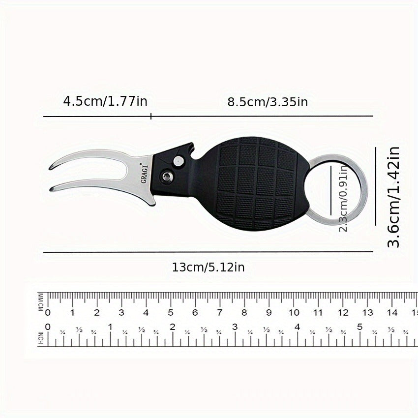Three-Piece Folding Golf Divot Tool Set with Spring-Button Fork, Curved Hook, Whistle and Key Rings