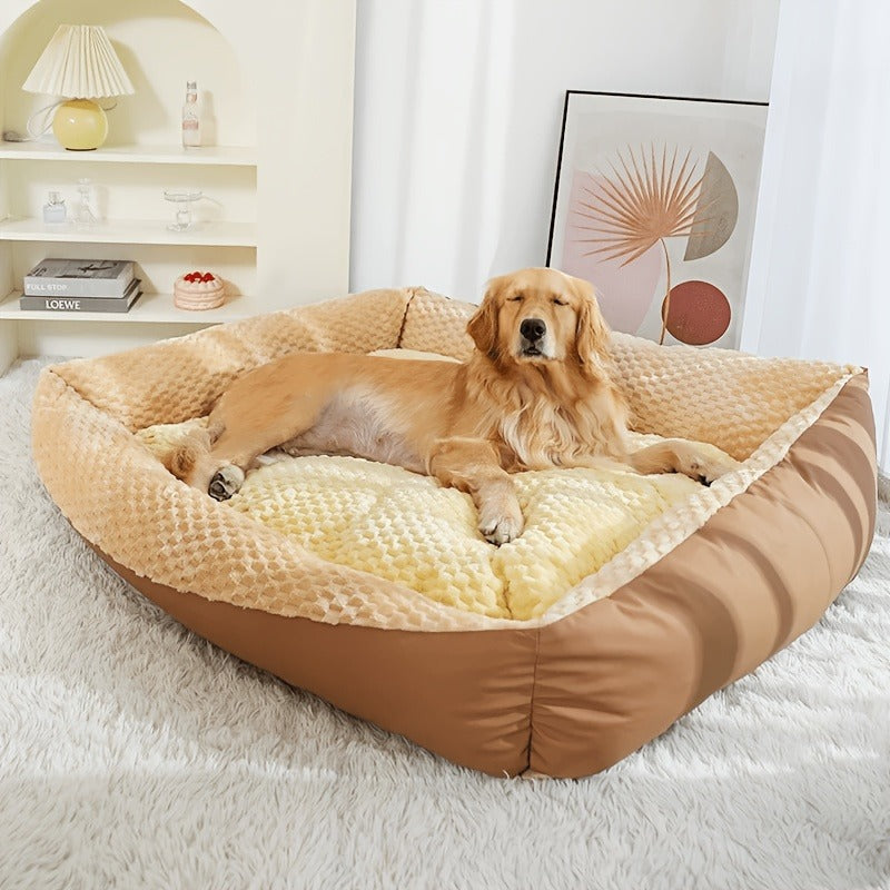 Blue-Gray Dog Bed Couch with Raised Back and Side Bolsters in Four Sizes, Plus One Random Cat Teaser