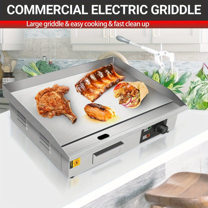 Flat Top Griddle 22 Inch 1600W Electric Countertop Teppanyaki Grill Non-Stick Stainless Steel Commercial for Garden, Patio and Yard Use