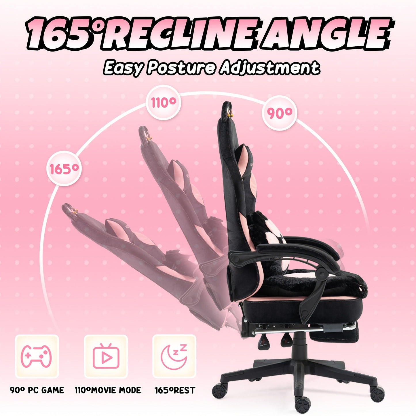 Cat Ear Gaming Chair Ergonomic Reclining Computer Chair with Footrest Paw Lumbar Cushion Wingback PC Game Chair for Girls Adults 300LBS Pink