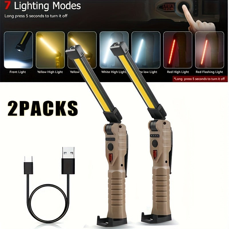 Foldable Black and Khaki Work Light Multipacks with Pivoting COB Bar and Pictured Charging Cables