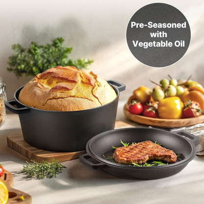 Pre-Seasoned-Labeled Cast Iron Dutch Oven with Reversible Skillet Lid, Trivet, Handle Covers and Scraper