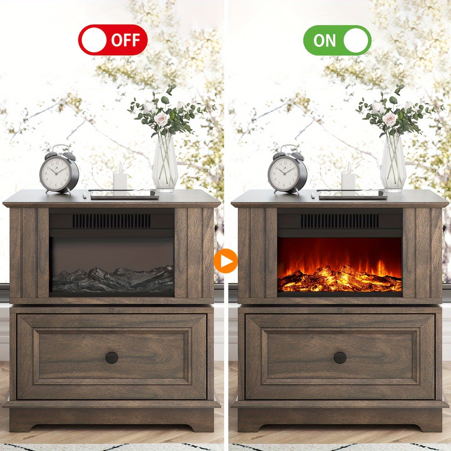 Electric Fireplace End Table Rotating 13-Inch Screen Side Table with Fast Charging Station Storage Shelf for Living Room Bedroom