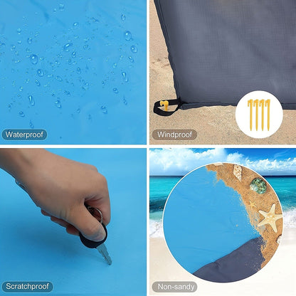 Blue Colorblock Beach Mat with Four Stakes and Carry Pouch, 55 x 78in Lightweight Foldable Size