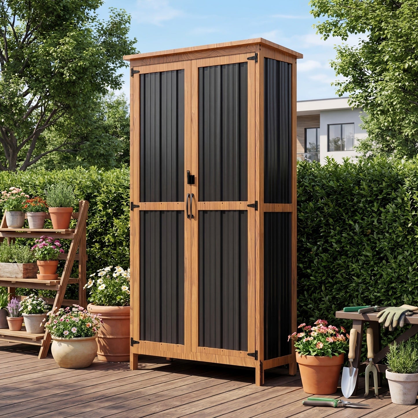 Metal Outdoor Storage Cabinets with Shelf-Equipped Tall or Low Models and 3 x 2 x 4.6 Ft Shed Option