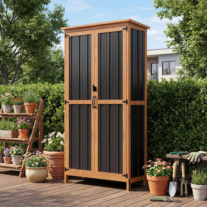 Metal Outdoor Storage Cabinets with Shelf-Equipped Tall or Low Models and 3 x 2 x 4.6 Ft Shed Option