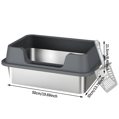 Stainless Steel Cat Litter Box with Scoop – High-Wall Semi-Enclosed Design, Non-Stick Easy Clean Surface, Anti-Leakage Odor Control