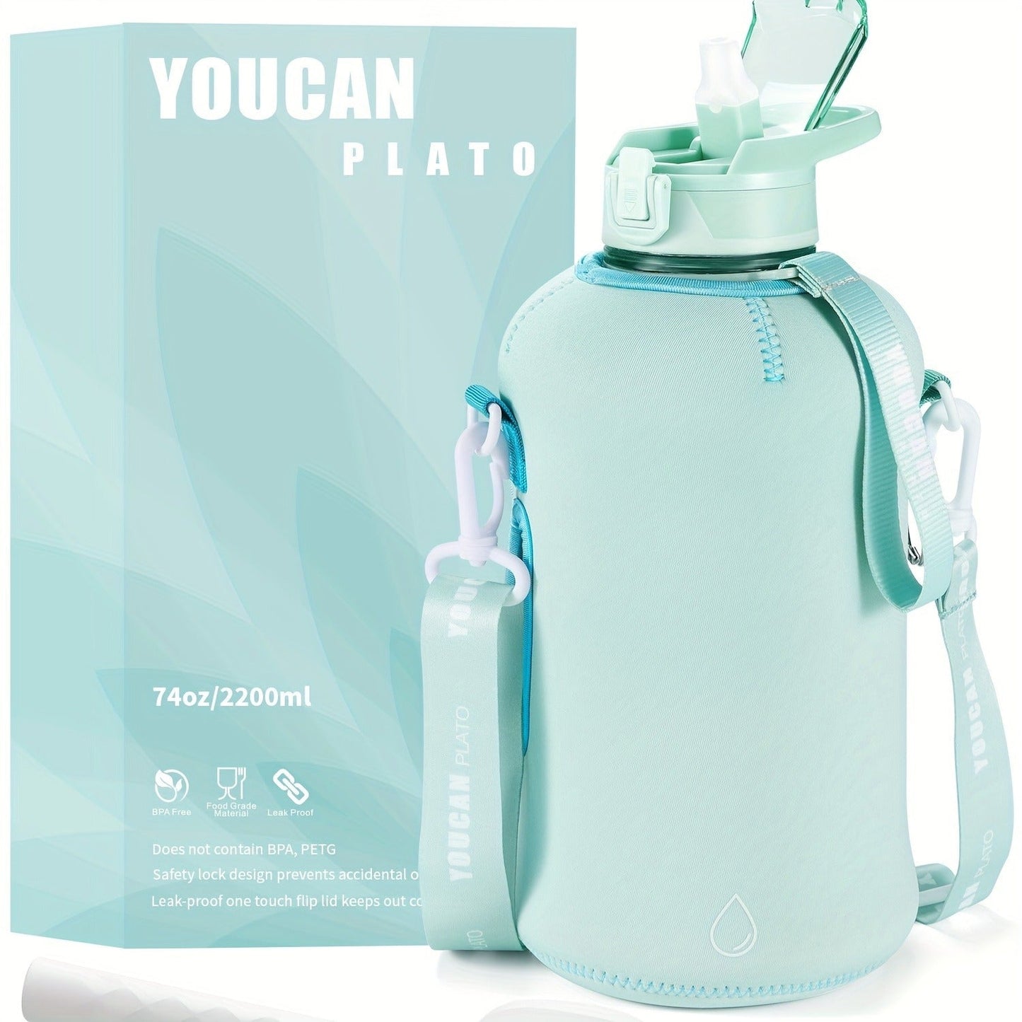 Half Gallon Water Bottle 74oz with Insulated Sleeve, Straw & Time Marker – BPA Free Leakproof Large Sports Jug with Carrying Handle & Strap