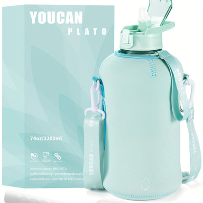 Half Gallon Water Bottle 74oz with Insulated Sleeve, Straw & Time Marker – BPA Free Leakproof Large Sports Jug with Carrying Handle & Strap