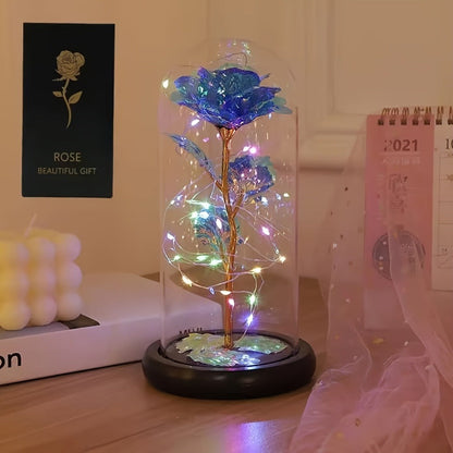 LED Rose Flower in Glass Dome, Eternal Foil Rose with LED Light, Romantic Valentine's Day Gift for Girlfriend