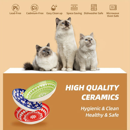Ceramic Cat Bowls Set of 6 – Shallow Wide Cat Food Plate Whisker Friendly with Non-Slip Mat, Fairy Tales Colorful Design