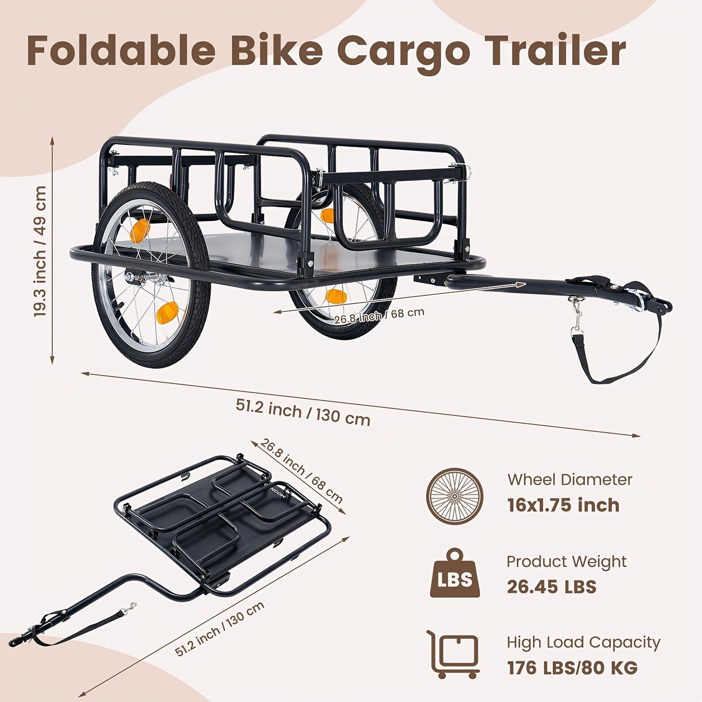 Foldable Bike Cargo Trailer, Bicycle Wagon Cart 176 Lbs Capacity, 16" Wheels, Reinforced Steel