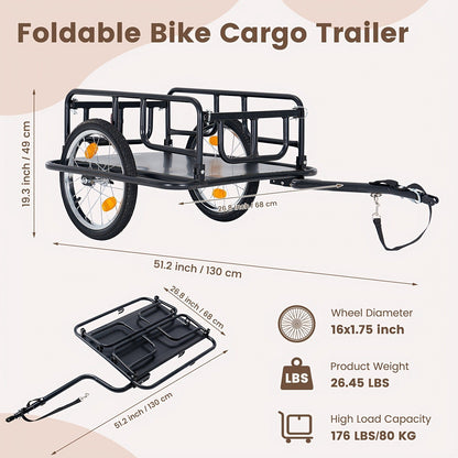 Foldable Bike Cargo Trailer, Bicycle Wagon Cart 176 Lbs Capacity, 16" Wheels, Reinforced Steel
