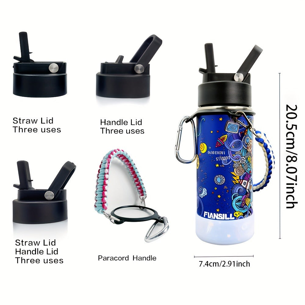 FIANSILL 16oz Stainless Steel Water Bottle with Flip-Up Straw Lid, Wrist Strap, Carabiner and Eight Prints