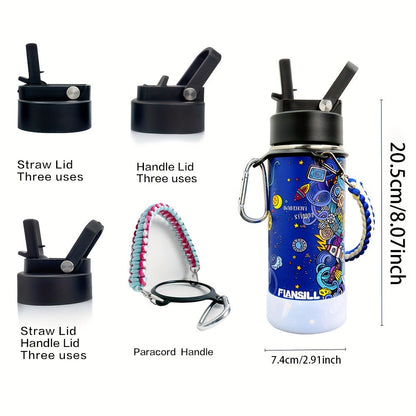 FIANSILL 16oz Stainless Steel Water Bottle with Flip-Up Straw Lid, Wrist Strap, Carabiner and Eight Prints
