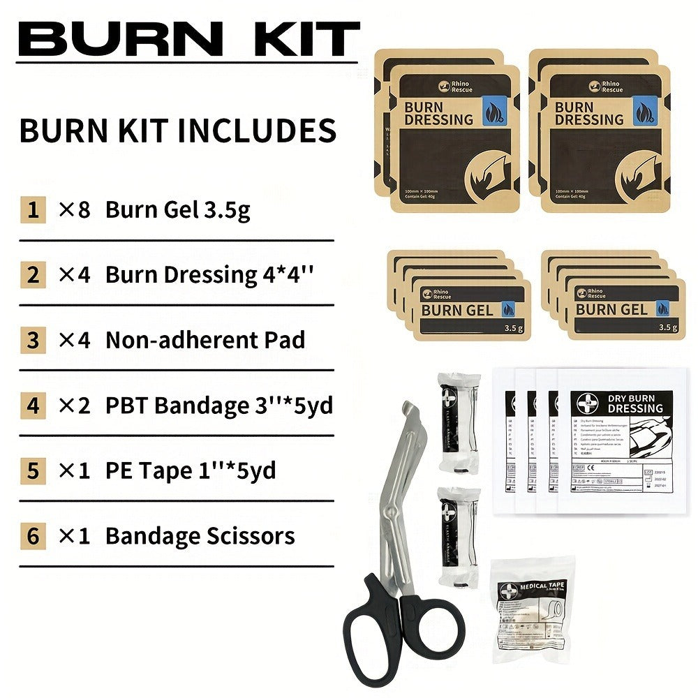RHINO RESCUE Burn Dressing First Aid Kit with 20 Labeled Supplies in an Orange Zipper Pouch