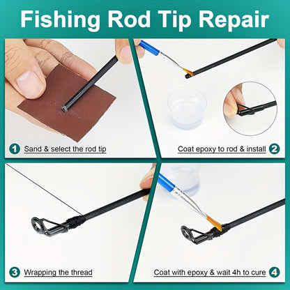 Fishing Rod Repair Kit with Top Rings Guides AB Epoxy Glue Winding Line Textured Paper Complete Rod Break Fix Set Iron Rod Guides