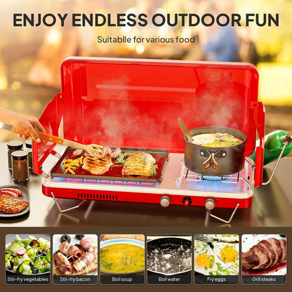 Portable Propane Griddle and Burner Camping Stove with Four Color Labels and 23.23-Inch Closed Width