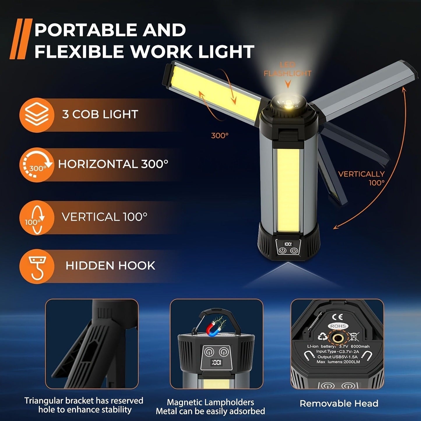 LED Camping Lantern with Tripod Stand, 6000/14500mAh Rechargeable Work Light, 10 Light Modes, 3 Height Adjustments