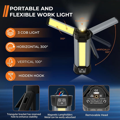 LED Camping Lantern with Tripod Stand, 6000/14500mAh Rechargeable Work Light, 10 Light Modes, 3 Height Adjustments