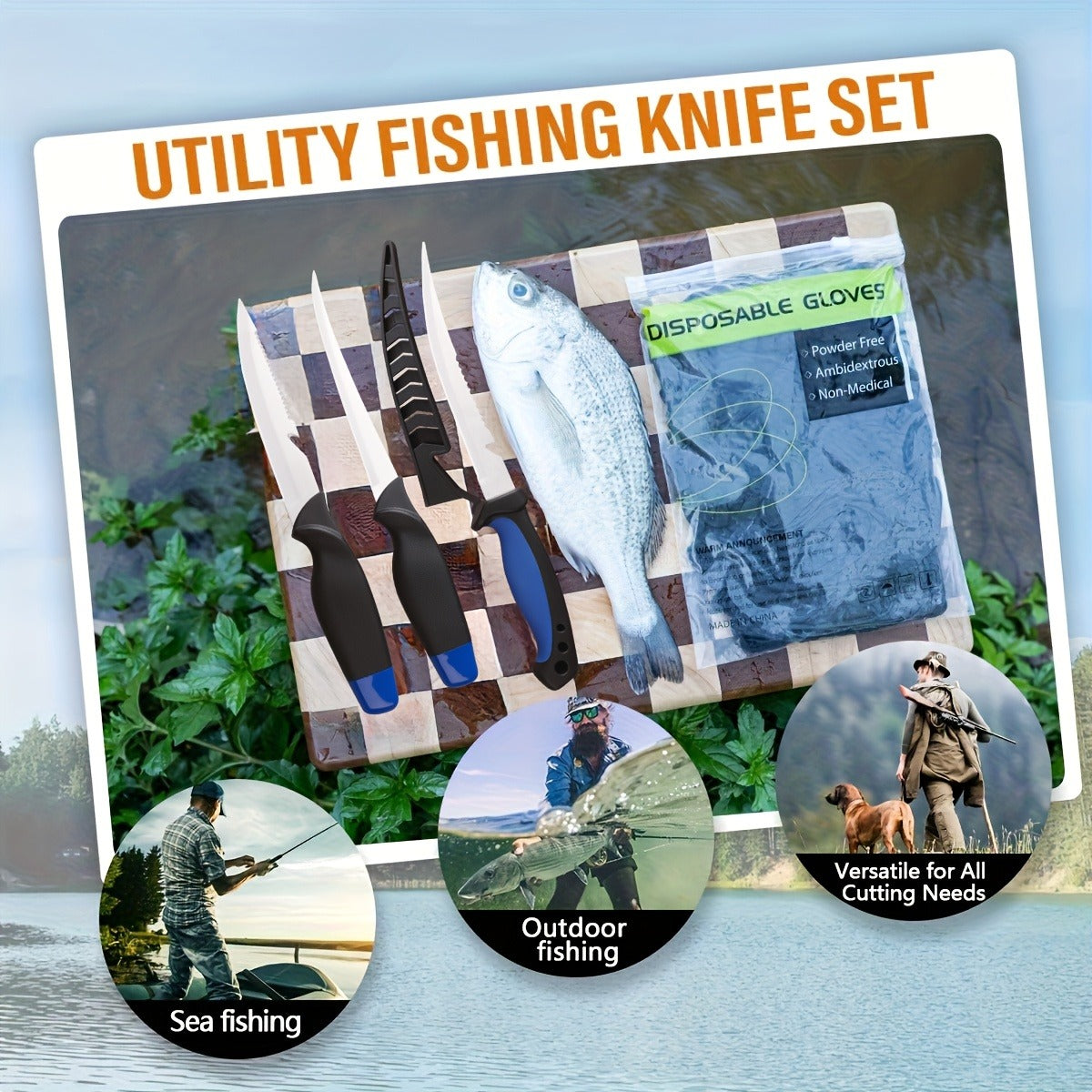 Fishing Knife Set 3-Piece Stainless Steel Fillet Boning Knife with Cut Resistant Gloves Fishing Line Cutter Stretch Rope for Fishing Camping