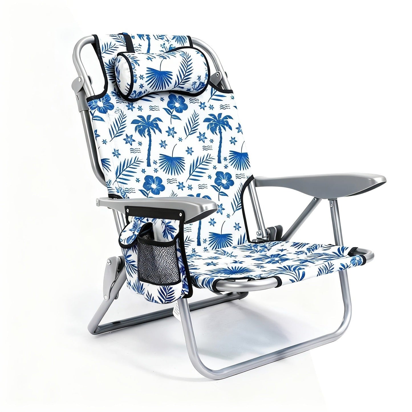 Folding Beach Chair Lay Flat Camping Chair for Adults 4 Position Adjustable Backpack Chair with Cup Holder Towel Bar Cooler Pouch