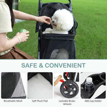 3-Wheel Pet Stroller for Small & Medium Dogs Cats – Foldable Jogger Stroller with Weather Cover, Storage Basket & Cup Holder
