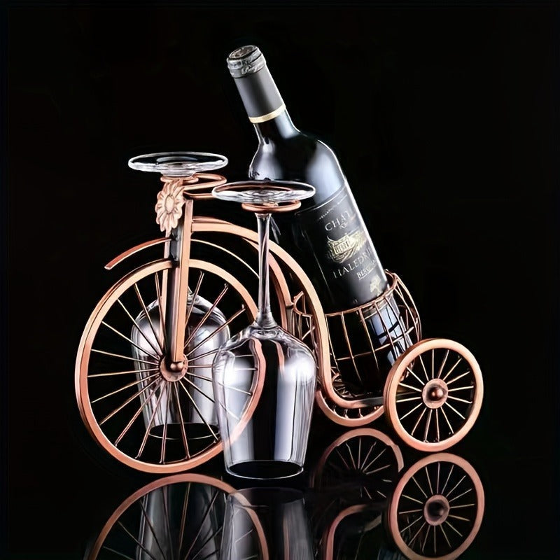 Bicycle-Shaped Tabletop Wine Rack with One Bottle Cradle and Two Stemware Holders in Copper-Tone Finish