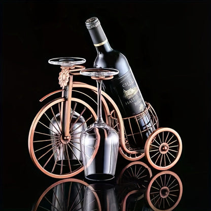 Bicycle-Shaped Tabletop Wine Rack with One Bottle Cradle and Two Stemware Holders in Copper-Tone Finish