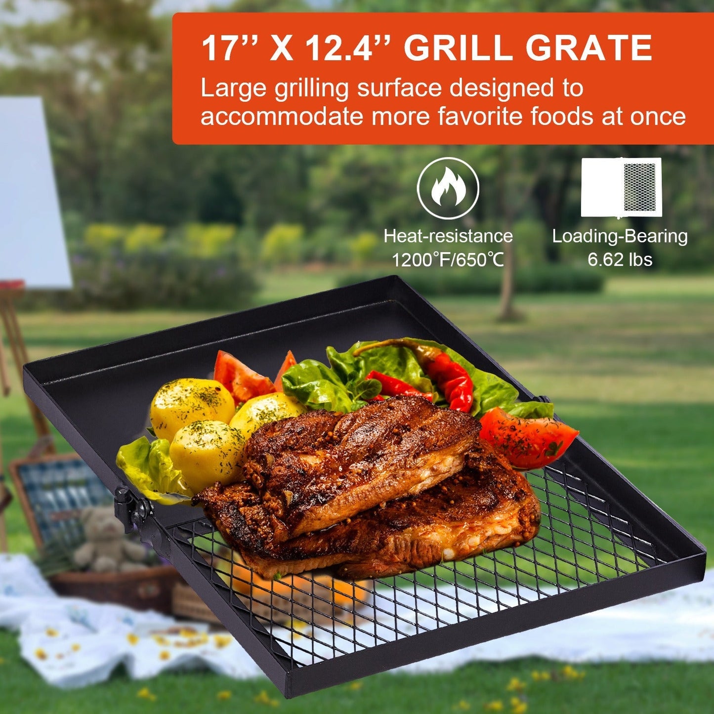 Portable Camping Grill Set – Heavy Duty Skillet Combo with Adjustable Grill Grate, Grill Pan & Carrying Bag – Steel & Iron Construction