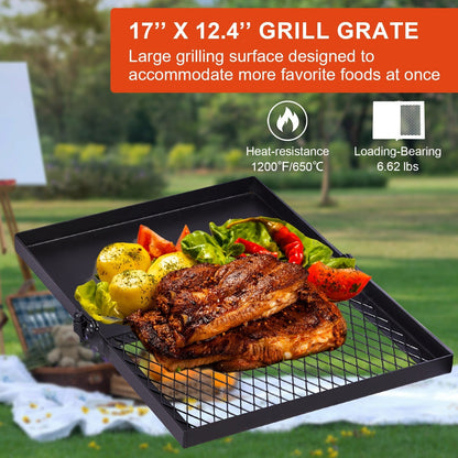 Portable Camping Grill Set – Heavy Duty Skillet Combo with Adjustable Grill Grate, Grill Pan & Carrying Bag – Steel & Iron Construction