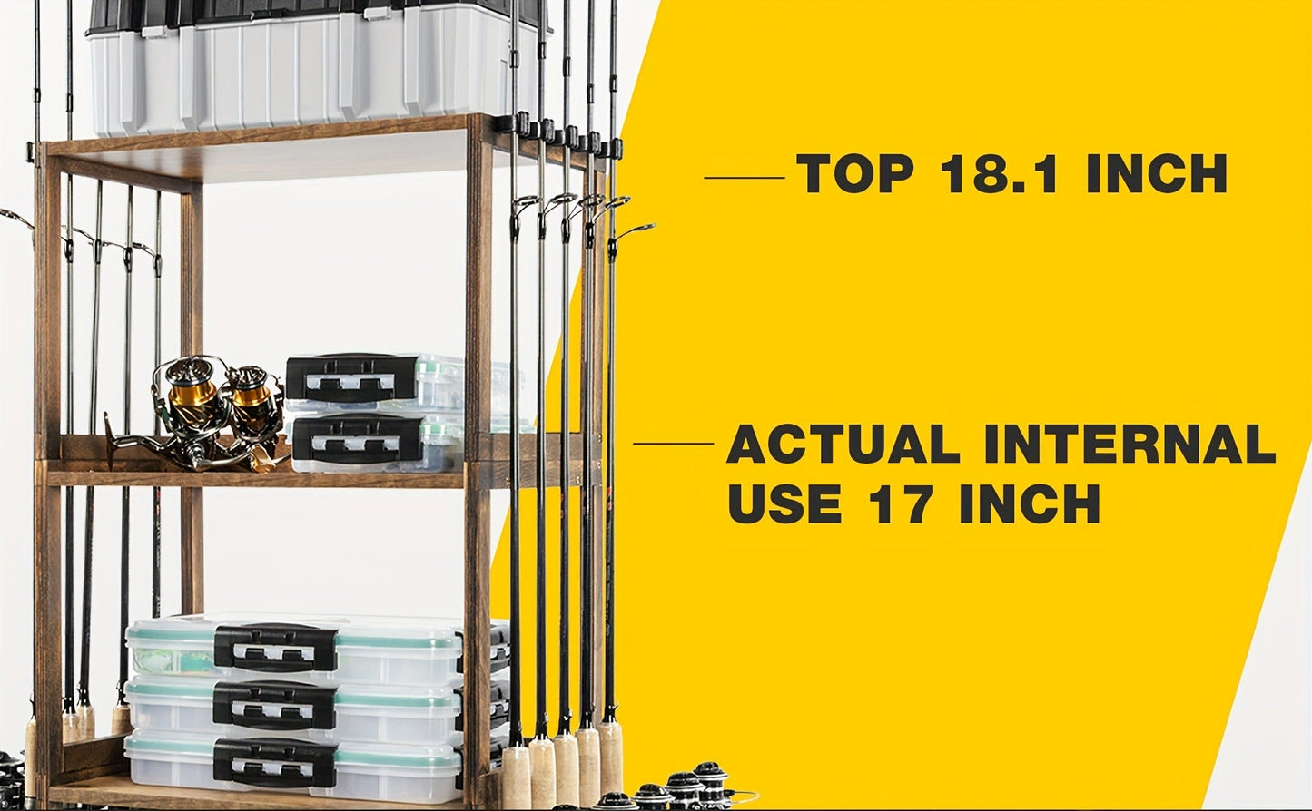 Wood Fishing Rod Holder for Garage Wall Mount – Holds Up to 10 Rods, Pole Rack with Tackle Storage Organizer, Fishing Gear Equipment Rack
