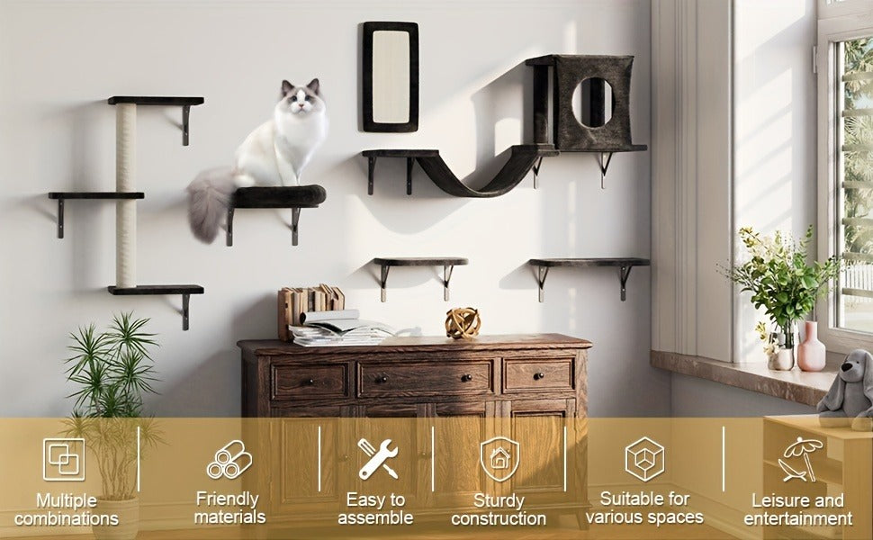 Cat Wall Shelf Climbing Set – 7-Piece Deluxe Wall Mounted Cat Furniture with Condo, Scratching Post, Bridge