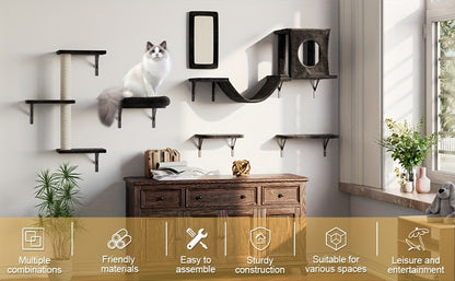 Cat Wall Shelf Climbing Set – 7-Piece Deluxe Wall Mounted Cat Furniture with Condo, Scratching Post, Bridge