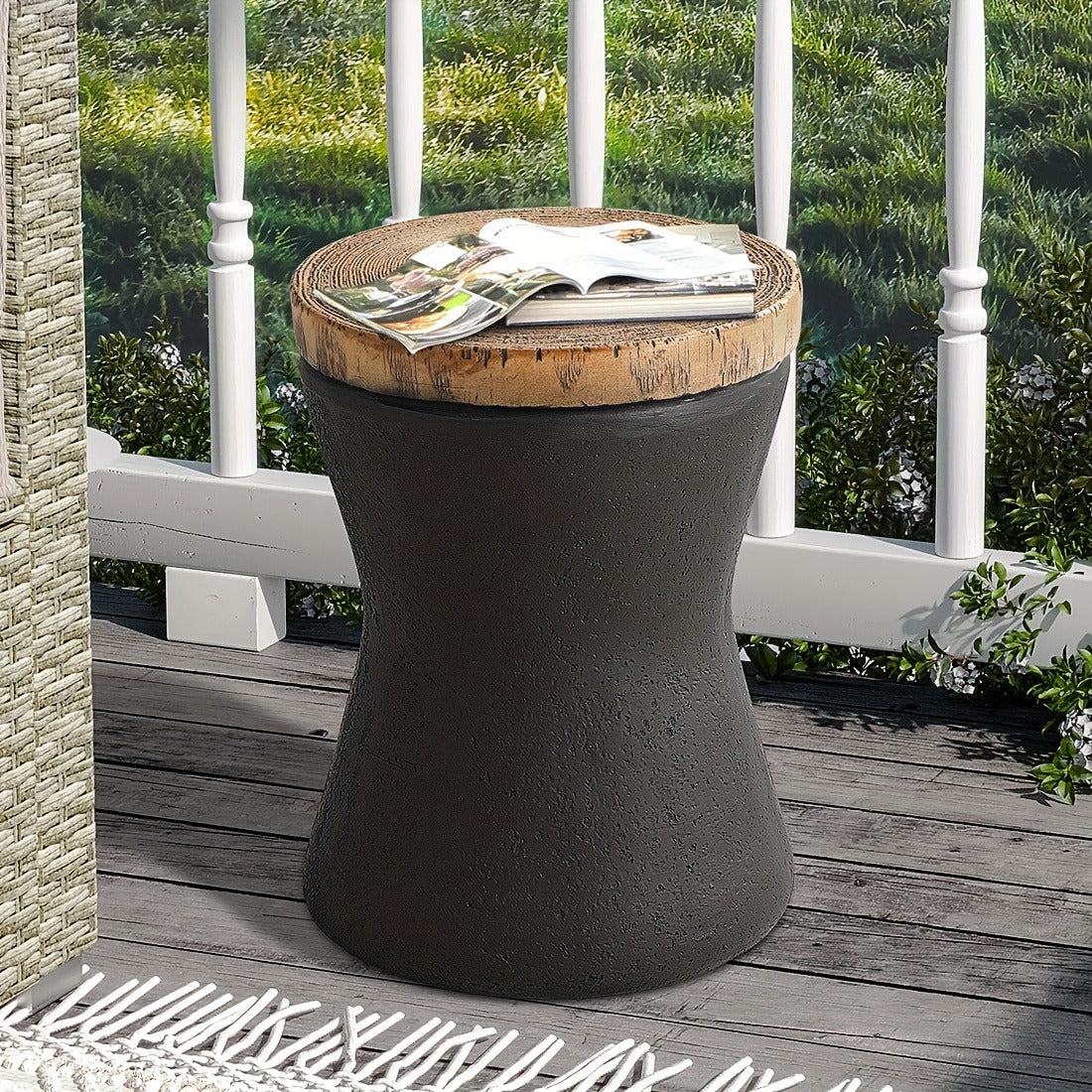 Outdoor Side Table 17-Inch Concrete Design with Wood-Look Top in Black, Hourglass and Compact Options