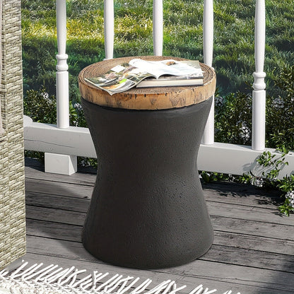 Outdoor Side Table 17-Inch Concrete Design with Wood-Look Top in Black, Hourglass and Compact Options