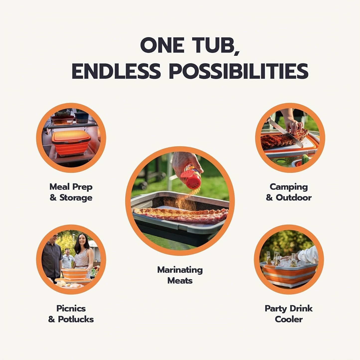 Collapsible Three-in-One BBQ Prep Tub with Cutting Board, Washing Basket, Drain Plug and Locking Lid in Black