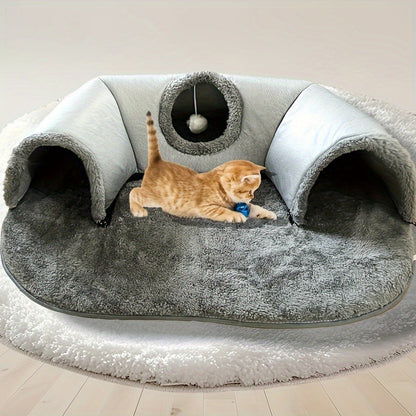 Cat Tunnel Bed 3-in-1 Play Mat & Warm Nest with Non-Slip Base, Durable Chew-Resistant Polyester Cat Bed for Indoor Cats
