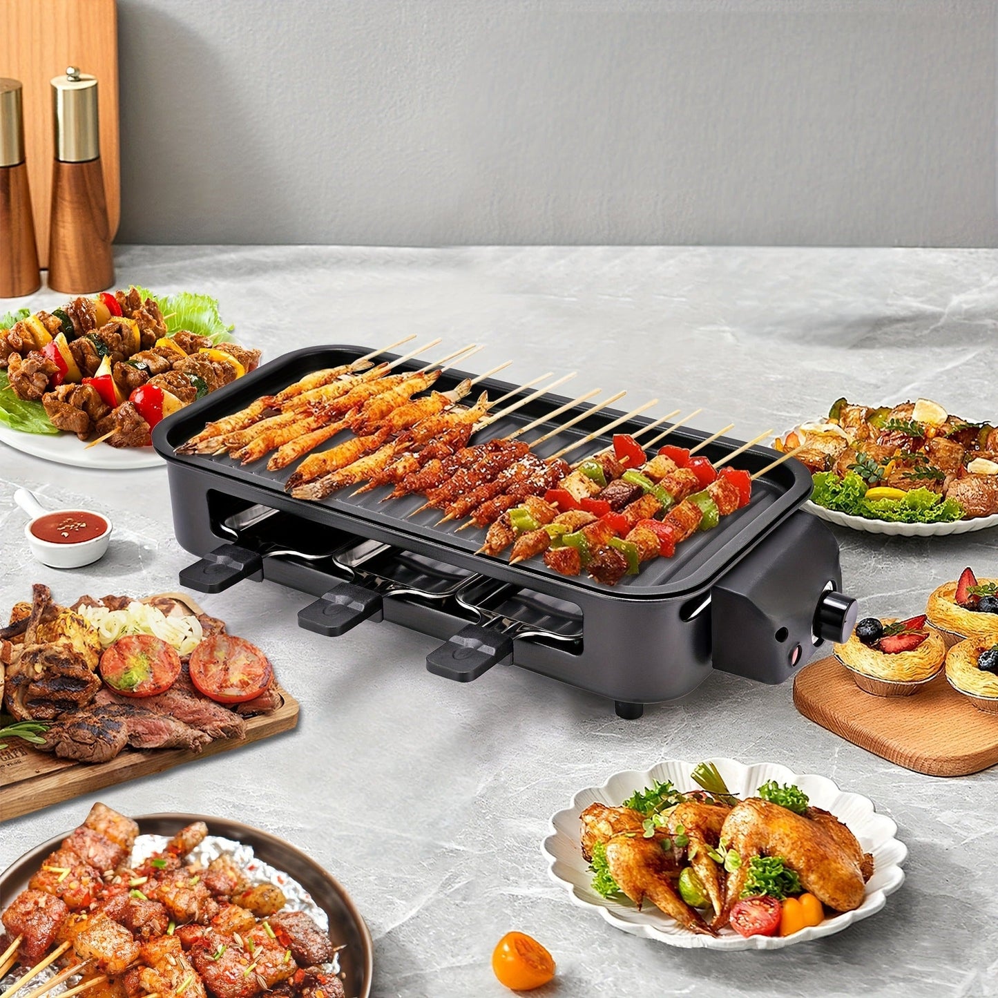 Indoor Smokeless Electric Grill 1500W Non-Stick Raclette Table Grill with Removable Plate & 3 Mini Pans Compact BBQ Griddle