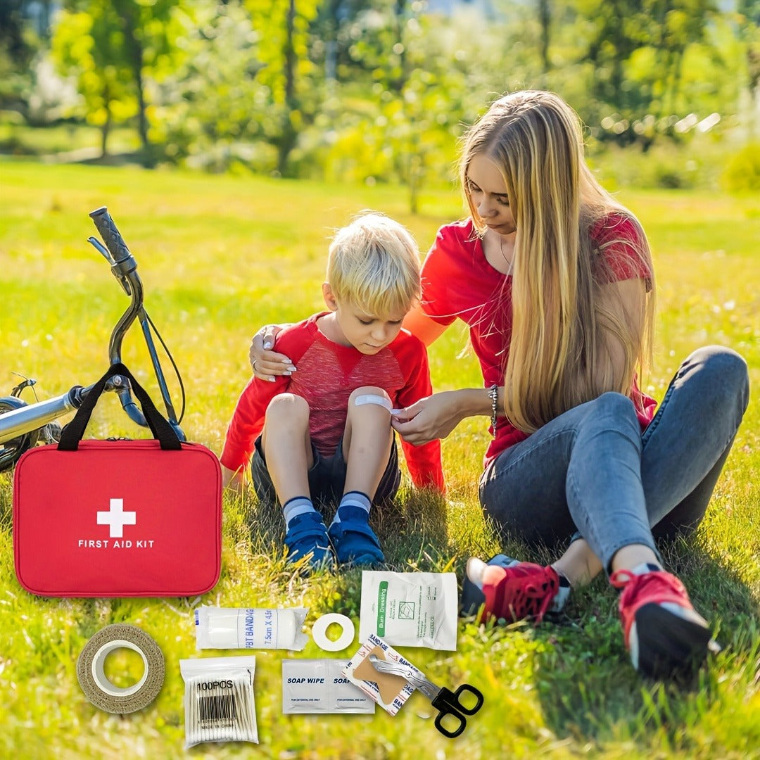 338-Piece First Aid Supply Kit in Red Handled Zipper Bag with Organized Interior Compartments