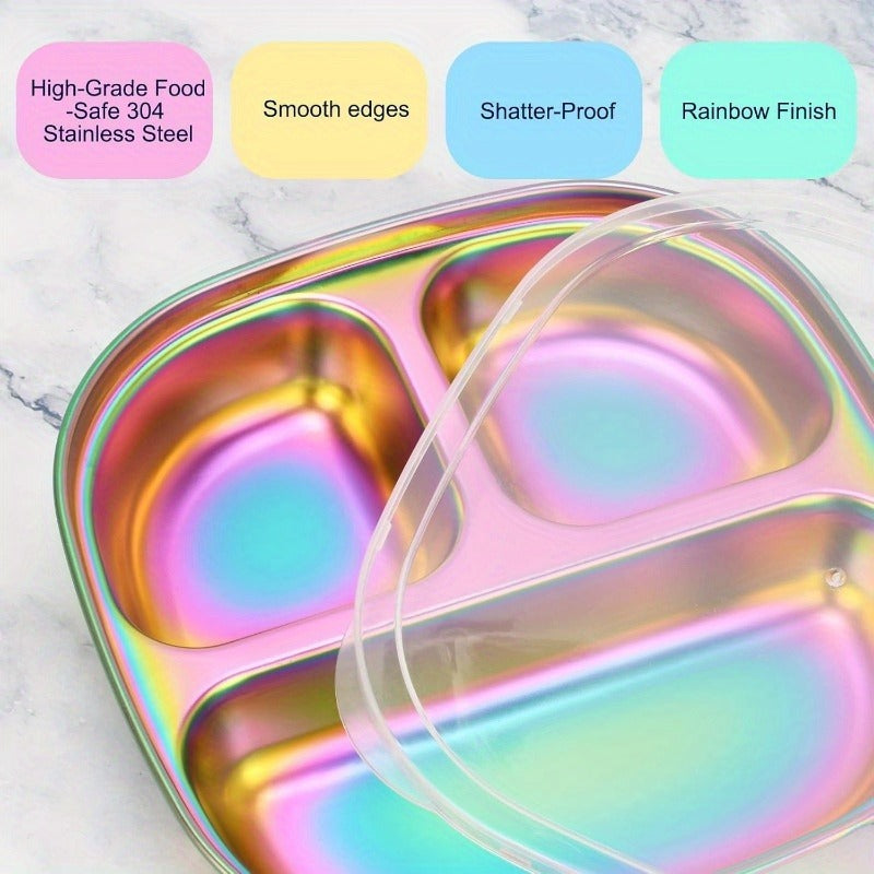 Divided Plates Stainless Steel Set of 4 with Lids – Kids Adults Portion Control Trays, for Home Cooking, Dining and Outdoor Meals