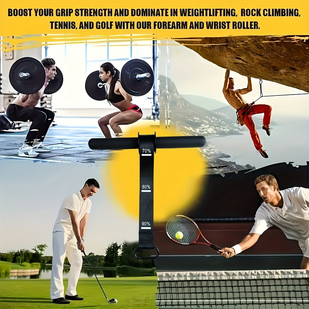 Fitness Equipment Black Wrist Roller Bar with Foam Grips Hanging Strap and Carabiner Attachment
